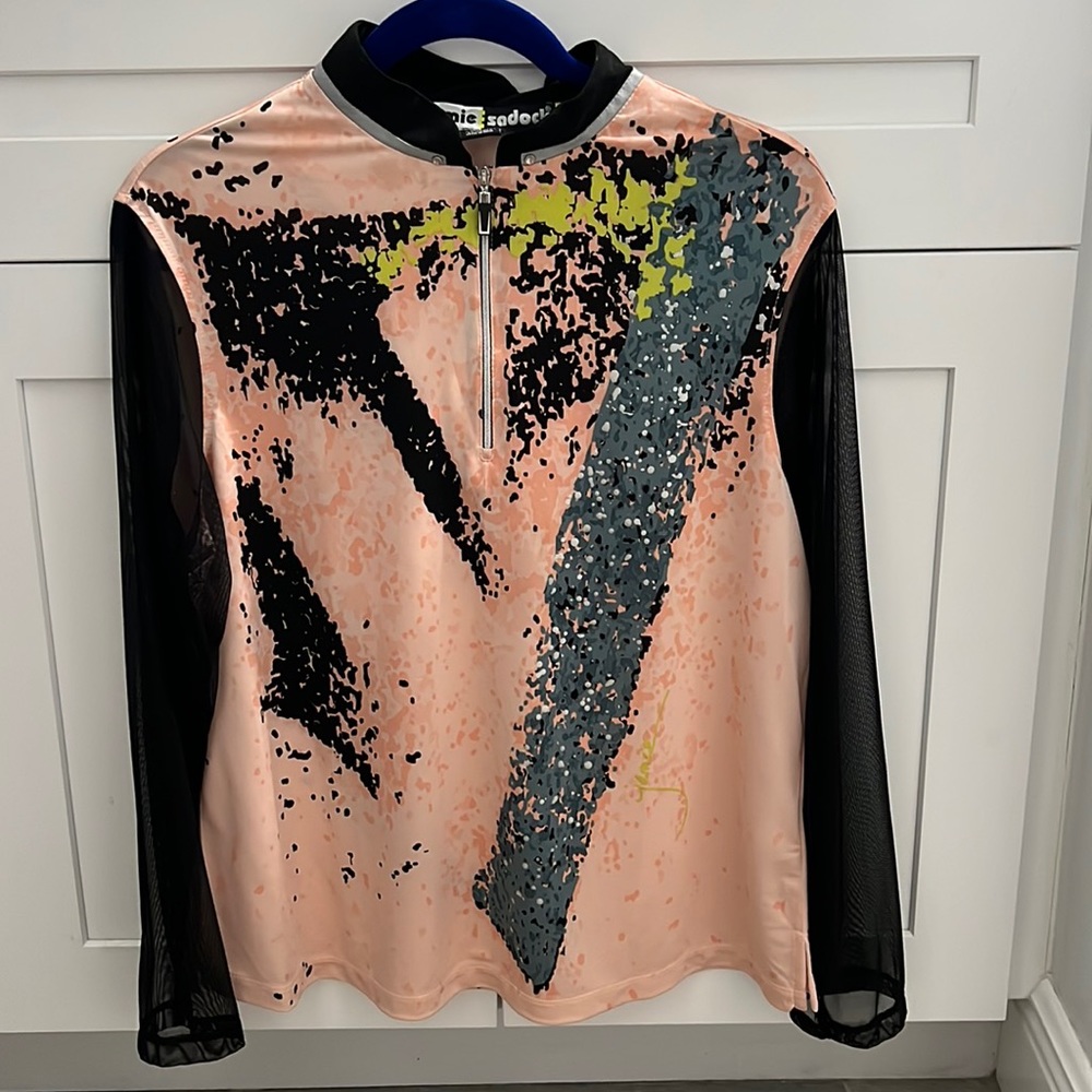 Jamie Sadock abstract graphic sheer long sleeve half zippered pull over golf